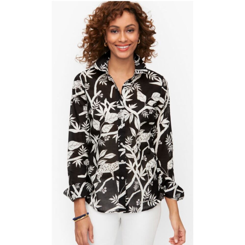 Talbots Size M Cotton Button‎ Front Shirt Tropical Panther Black White Collared